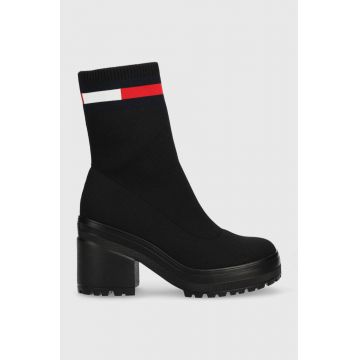 Tommy Jeans botine Water Resistent Knitted Boot femei, culoarea negru, cu toc drept Tommy Jeans botine Water Resistent Knitted Boot femei, culoarea negru, cu toc drept