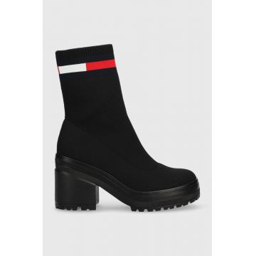 Tommy Jeans botine Water Resistent Knitted Boot femei, culoarea negru, cu toc drept