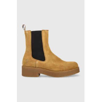 BOSS botine din piele intoarsa Chris femei, culoarea bej, cu toc plat BOSS botine din piele intoarsa Chris femei, culoarea bej, cu toc plat