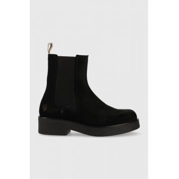 BOSS botine din piele intoarsa Chris femei, culoarea negru, cu toc plat BOSS botine din piele intoarsa Chris femei, culoarea negru, cu toc plat