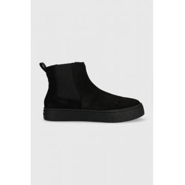 HUGO botine din piele intoarsa Arya femei, culoarea negru, cu toc plat HUGO botine din piele intoarsa Arya femei, culoarea negru, cu toc plat
