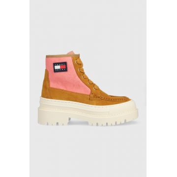 Tommy Jeans botine Womens Foxing Lace Up Boot femei, culoarea maro, cu platforma Tommy Jeans botine Womens Foxing Lace Up Boot femei, culoarea maro, cu platforma