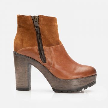 Botine cu toc damă din piele naturală, Leofex – 412 Camel Box + Velur