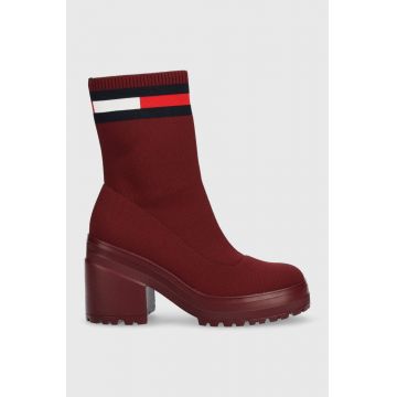 Tommy Jeans botine Water Resistent Knitted Boot femei, culoarea bordo, cu toc drept