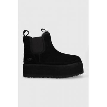 UGG botine din piele intoarsa W Neumel Platform Chelsea femei, culoarea negru, cu platforma, izolat