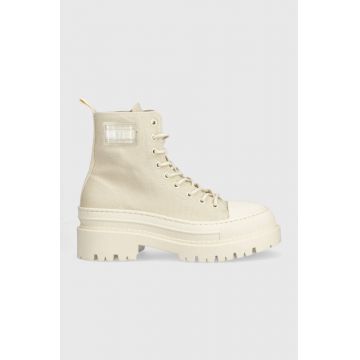 Tommy Jeans botine TJW FOXING CANVAS BOOT femei, culoarea bej, cu platforma, EN0EN02216