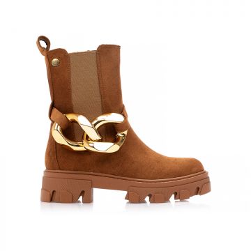 Botine Camel piele întoarsă cu bandă elastică și baretă detașabilă cu lanț auriu