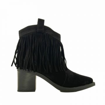 Botine damă cu franjuri din piele naturală, Leofex - 013 Negru velur