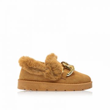 Botine gleznă Camel piele întoarsă cu lanț și blăniță