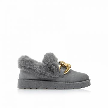 Botine gleznă gri piele întoarsă cu lanț și blăniță