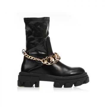 Botine Negre imitație de piele cu lanț auriu detașabil