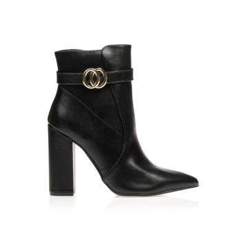Botine Negre imitație de piele vârf ascuțit cu cataramă aurie