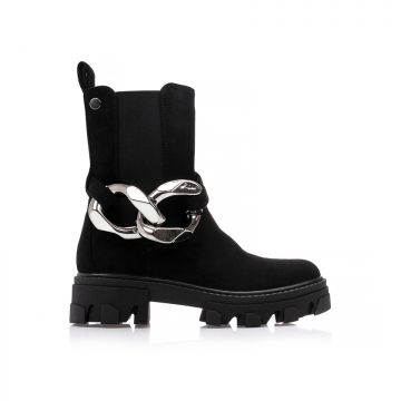 Botine Negre piele întoarsă cu bandă elastică și baretă detașabilă cu lanț auriu