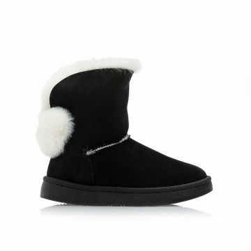 Botine Negre piele întoarsă cu blăniță albă