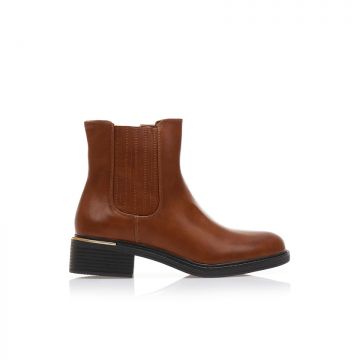 Botine Camel imitație de piele cu bandă elastică și detaliu auriu pe toc