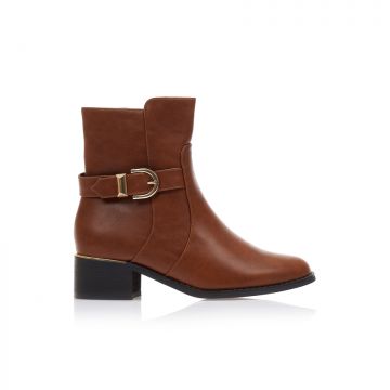 Botine Camel imitație de piele cu baretă decorativă și detaliu Auriu