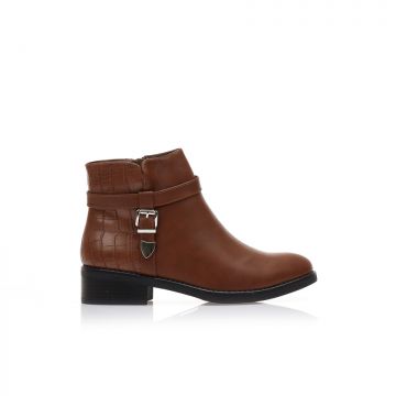 Botine Camel imitație de piele cu cataramă decorativă și design animal print pe spate