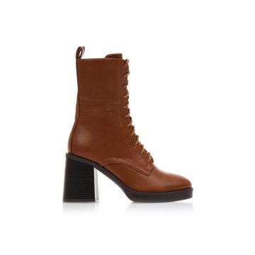 Botine Camel imitație de piele cu șireturi și fermoar