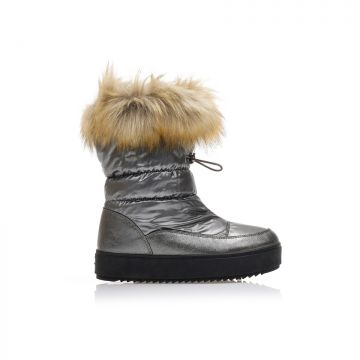 Botine cenușii material textil cu cusături exterioare și imitație piele cu sclipici și blană