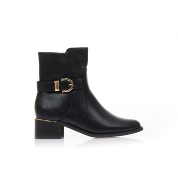 Botine Negre imitație de piele cu baretă decorativă și detaliu Auriu