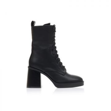 Botine Negre imitație de piele cu șireturi și fermoar