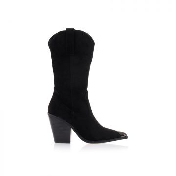 Botine Negre piele întoarsă Cowboy cu cusături și detaliu auriu
