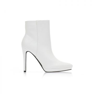 Botine Albe imitație de piele cu fermoar vârf ascuțit