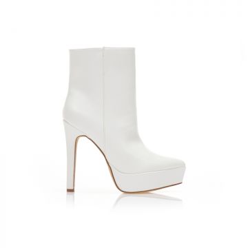 Botine Albe imitație de piele cu fiapa și fermoar vârf ascuțit