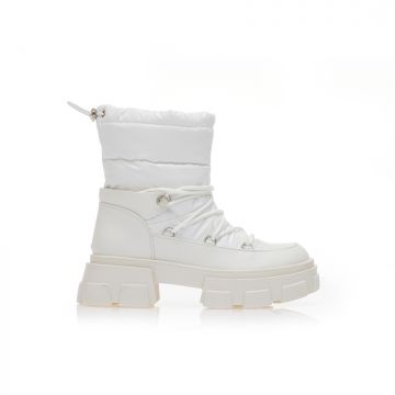Botine Albe material textil și imitație piele cu cusături exterioare și șireturi