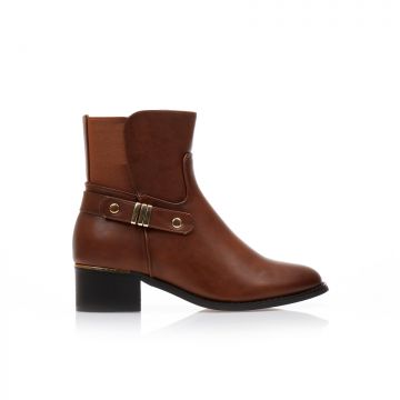 Botine Camel imitație de piele cu baretă decorativă și detaliu Auriu