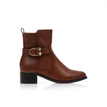Botine Camel imitație de piele cu baretă decorativă și detaliu Auriu
