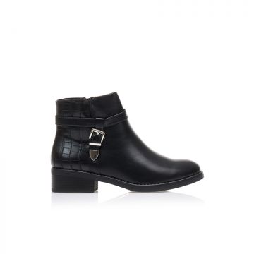 Botine Negre imitație de piele cu cataramă decorativă și design animal print pe spate