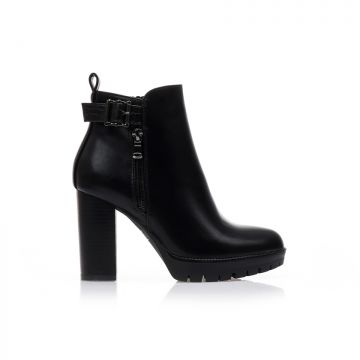 Botine Negre imitație piele cu baretă decorativă animal print și fermoar