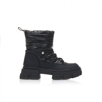 Botine Negre material textil și imitație piele cu cusături exterioare și șireturi
