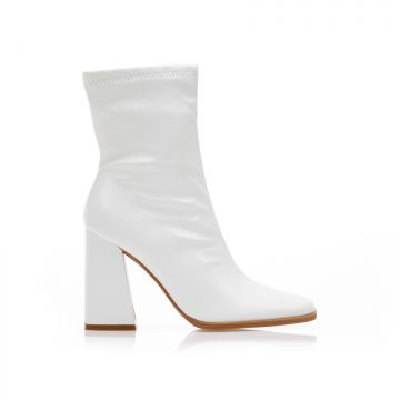 Botine Albe imitație de piele cu fermoar și vârf pătrat