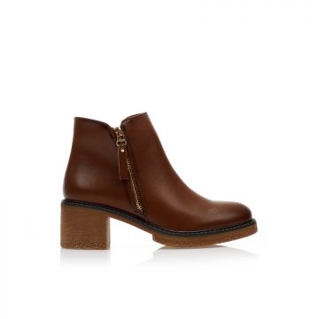 Botine camel din imitație de piele cu fermoar decorativ