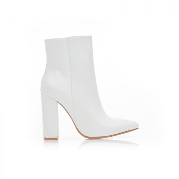 Botine Albe imitație de piele cu fermoar vârf ascuțit