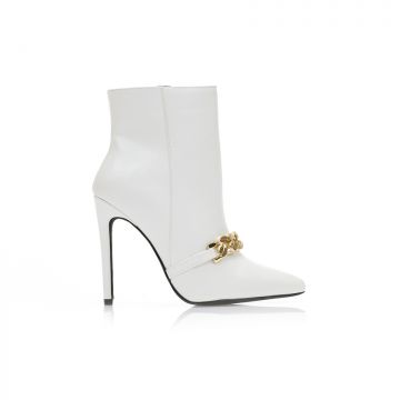 Botine Albe Imitație Piele cu lanț decorativ vârf ascuțit