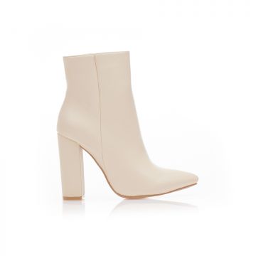 Botine Bej imitație de piele cu fermoar vârf ascuțit