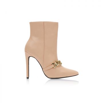 Botine Bej Imitație Piele cu lanț decorativ vârf ascuțit