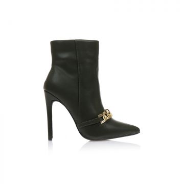 Botine Măsliniu Imitație Piele cu lanț decorativ vârf ascuțit