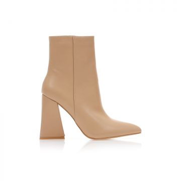 Botine Nude imitație de piele cu toc triunghiular vârf ascuțit