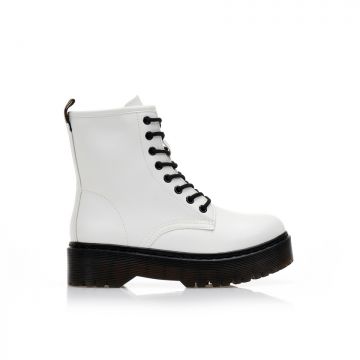 Botine Albe imitație de piele vârf prindere cu fermoar