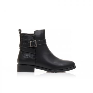 Botine Negre imitație de piele cu design animal print pe spate și baretă decorativă cu cataramă