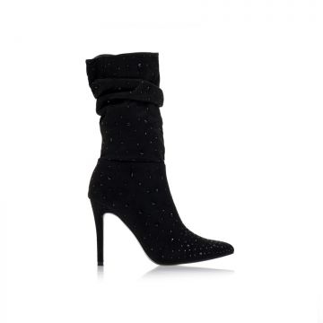 Botine Negre piele întoarsă pliuri cu strasuri
