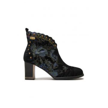 Botine dama -  piele naturala - imprimeu floral - toc stabil - negru Botine dama -  piele naturala - imprimeu floral - toc stabil - negru
