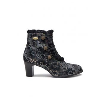 Botine dama -  piele naturala - negru - model floral Botine dama -  piele naturala - negru - model floral