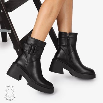 Botine Dama Piele Naturala cu Catarama, Design Modern și Confortabil CRL1242 negru